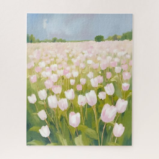 Witte tulpen bloemenveld schilderij legpuzzel (Verticaal)