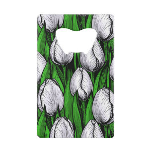Witte tulpen met groene bladeren kredietkaart flessenopener