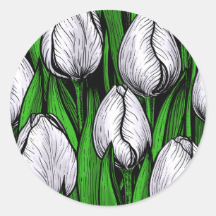 Witte tulpen met groene bladeren ronde sticker