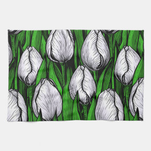 Witte tulpen met groene bladeren theedoek