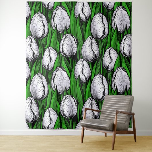 Witte tulpen met groene bladeren wandkleed (In situ)