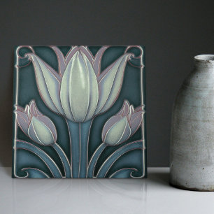 Witte Tulpen op Blauwe Symmetrische Kunst Nieuw Tegeltje