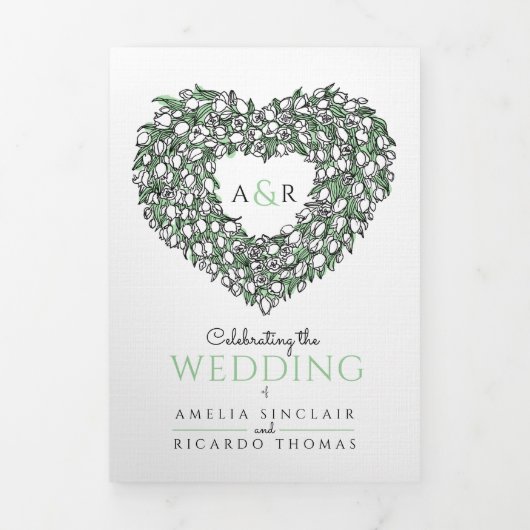 Witte tulpgroene hartinkt monogram bruiloft drieluik uitnodiging (Cover)