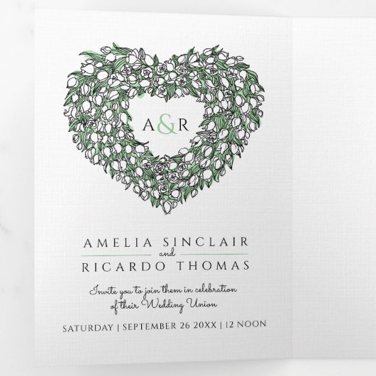 Witte tulpgroene hartinkt monogram bruiloft drieluik uitnodiging (Binnenzijde eerst)