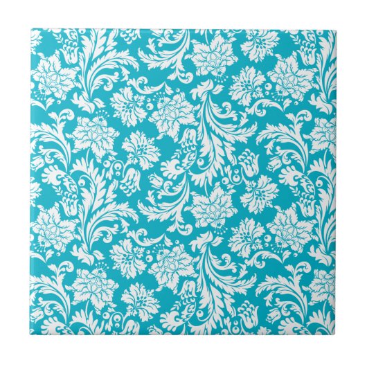 Witte & Turquoise  Bloemen Damasks Tegeltje (Voorkant)