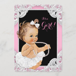Witte Tutu Roze Zwart Parel Baby Meisje Shower Kaart
