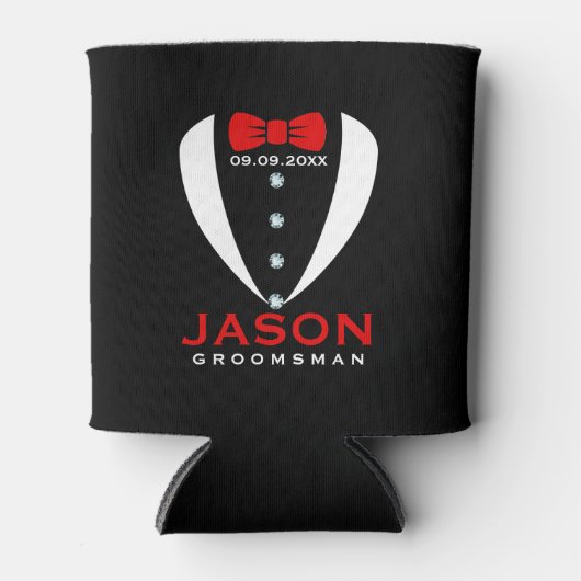 Witte Tuxedo Rode Boog Tie & Groomsman Tekst Blikjeskoeler (Voorkant)
