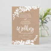 Witte typografileaf floral kraft bruiloft kaart (Staand voorkant)