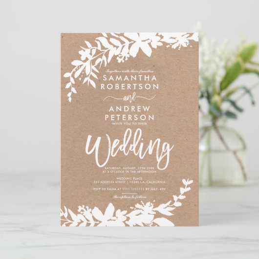 Witte typografileaf floral kraft bruiloft kaart (Staand voorkant)