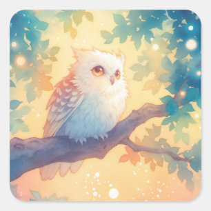 Witte Uil Geperst op Tak in Magische Boom Vierkante Sticker