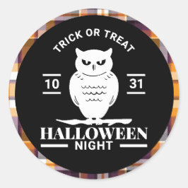Witte Uil Halloween Nacht Zwart/Oranje Karo Ronde Sticker