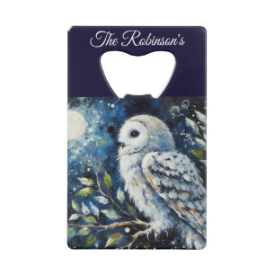 Witte uil op tak in maanlicht gepersonaliseerd kredietkaart flessenopener