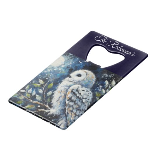 Witte uil op tak in maanlicht gepersonaliseerd kredietkaart flessenopener (Achterkant Gekanteld)