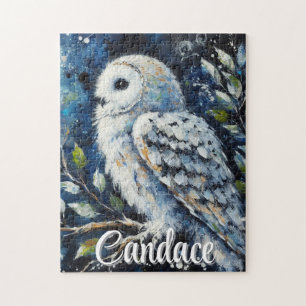 Witte uil op tak in maanlicht gepersonaliseerd legpuzzel