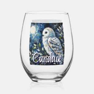 Witte uil op tak in maanlicht gepersonaliseerd wijnglas zonder voet