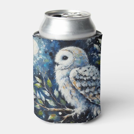 Witte Uil op tak in maanlicht schilderen Blikjeskoeler (Blikje Voorkant)
