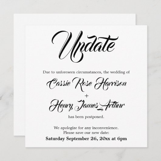 Witte Uitgestelde Wedding Update Aankondiging (Voorkant / Achterkant)