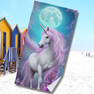 Witte Unicorn met paarse bloemen en maan Strandlaken