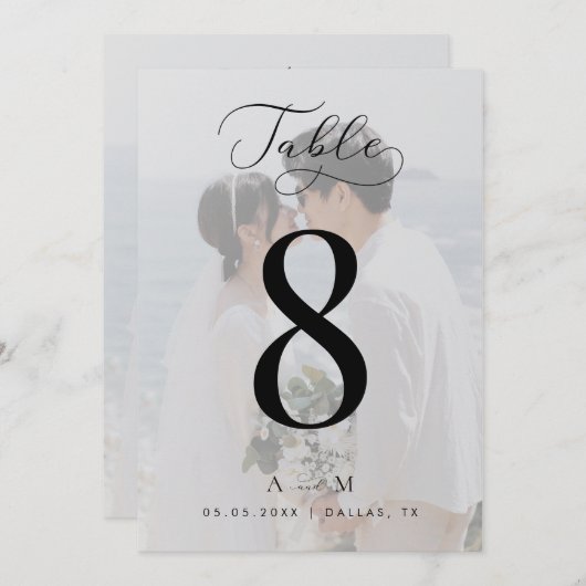 Witte vervaagde fotomonogram trouwtafelnummer 5x7 kaart (Voorkant / Achterkant)
