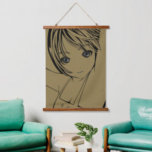Witte Vierkant, Jonge Anime Meisje Drankviltje Hangend Wandkleed