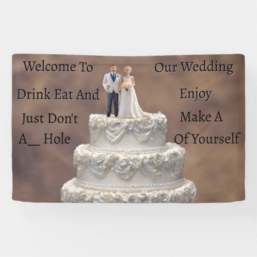 Witte vijf-tier bruidstaart met bruidspaar, spandoek (Horizontaal)