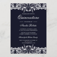 Witte vintage kant Navy Quinceanera uitnodiging