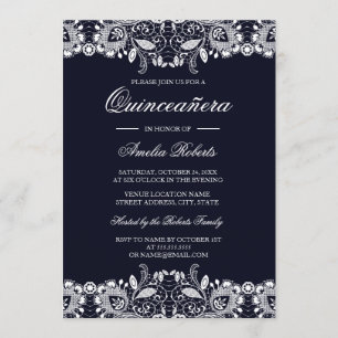 Witte vintage kant Navy Quinceanera uitnodiging