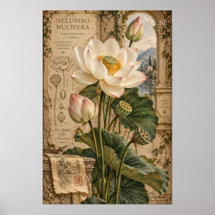 Witte Vintage Lotus Botanische Muurkunst Poster