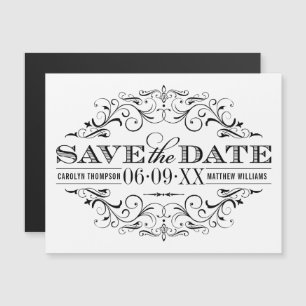 Witte vintage rolwerk save-date magneet