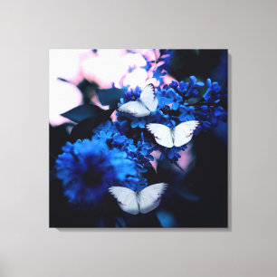 Witte vlinders Blauwe bloemen, vlinder Canvas Afdruk