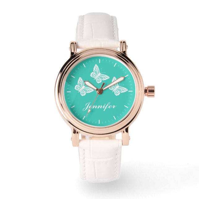 Witte Vlinders Op Turquoise En Aangepaste Naam Horloge (Voorkant)