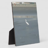 Witte vogel op grijs zand strand art print fotoplaat (Zijkant)