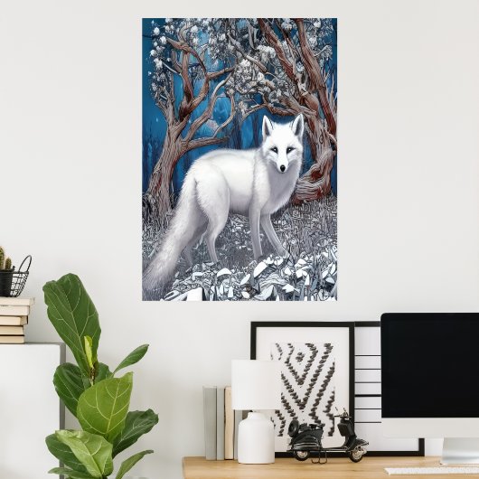 Witte vos in het witte bos | AI Art Poster (Thuiskantoor)