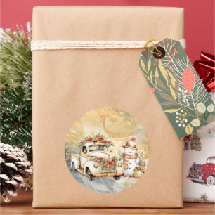 Witte  Vrachtwagen Gouden Sky Sneeuwman Kerstmis Ronde Sticker