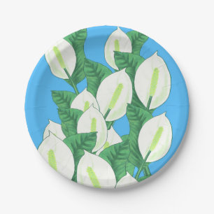 Witte Vredeslelie Illustratie Bleekblauw Papieren Bordje