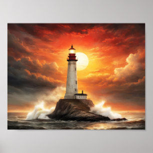 Witte vuurtoren in een stormachtige zee bij zonson poster