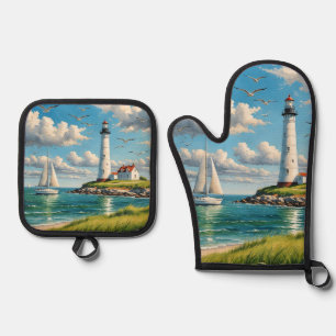 Witte vuurtoren met zeilboot ovenwant & pannenlap set