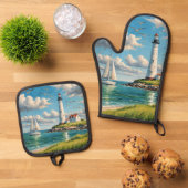 Witte vuurtoren met zeilboot ovenwant & pannenlap set (Top down)