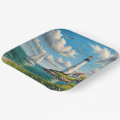 Witte vuurtoren met zeilboot papieren bordje (Gebogen)