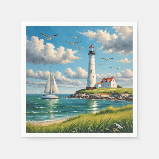 Witte vuurtoren met zeilboot servet (Voorkant)