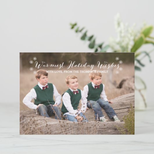 Witte warme kerstwensen foto plat kaart (Staand voorkant)