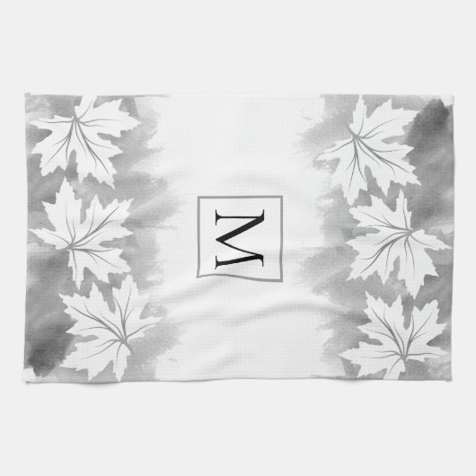 Witte waterverf met mazelblad, grijs, monogram theedoek (Horizontaal)