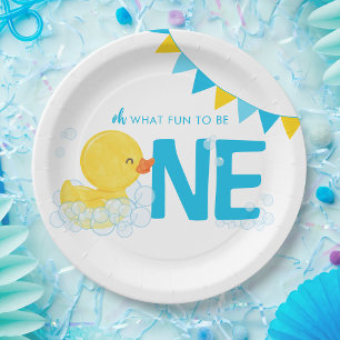Witte Waterverf Rubber Duck ONE 1e Verjaardag Papieren Bordje