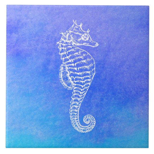 Witte Waterverf van Seahorse Blue Turquoise Tegeltje (Voorkant)