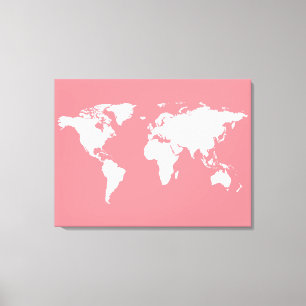 Witte wereldkaart op roze canvas afdruk