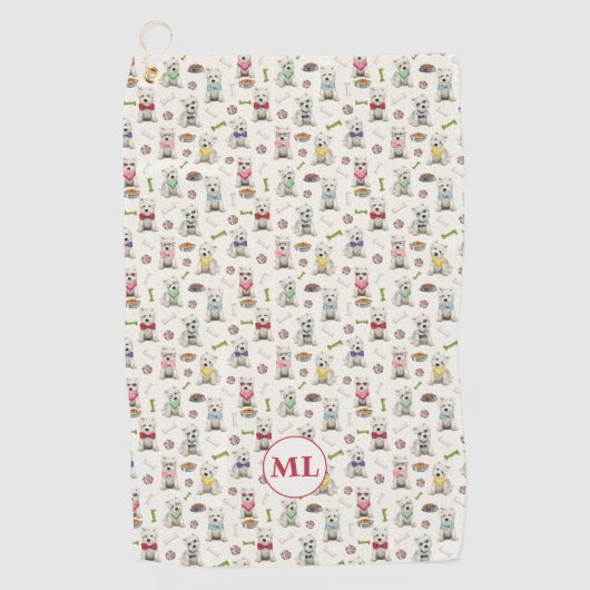 Witte Westies met Accessoires Whimsical Monogram Golfhanddoek (Voorkant)