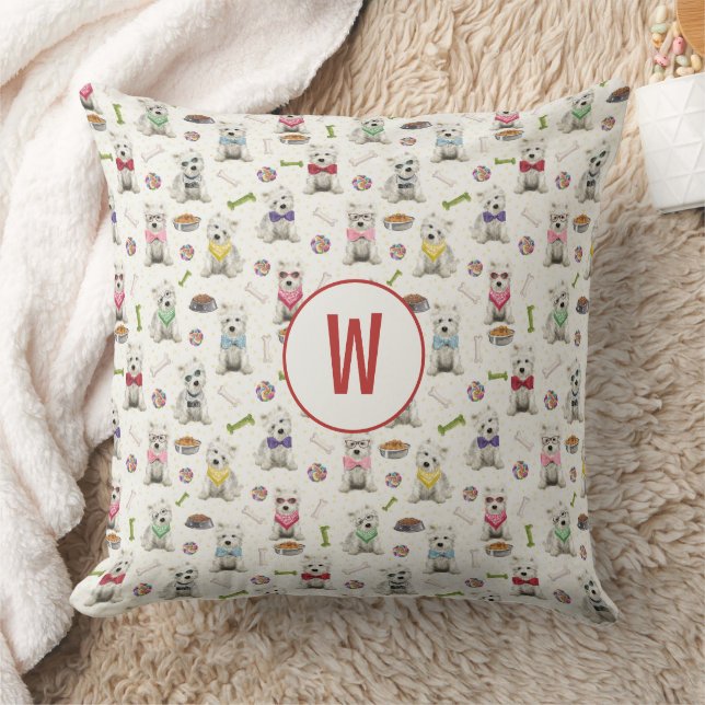 Witte Westies met Accessoires Whimsical Monogram Kussen (Deken)