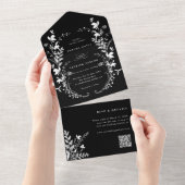 Witte Wildbloem Silhouet Krans Bruiloft Zwart All In One Uitnodiging (Afscheurbaar)