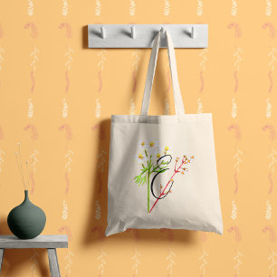 Witte wilde bloemen in waterverf met uw initiaal. tote bag