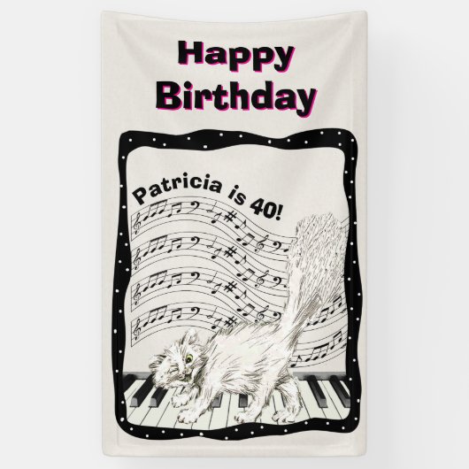 Witte Winking Cat Piano Keys Muziek Opmerking Verj Spandoek (Verticaal)